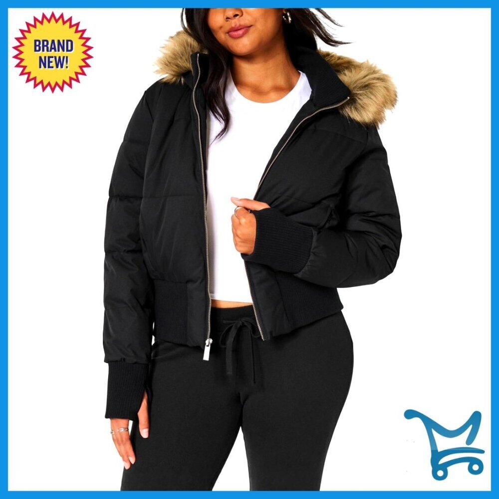 Faux Fur Trim Hooded Quilted Puffer Bomber Jacket Winter Warm Cropped Coat